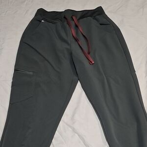 Figs Women Cargo Pants in Gray with Burgundy Drawstring
